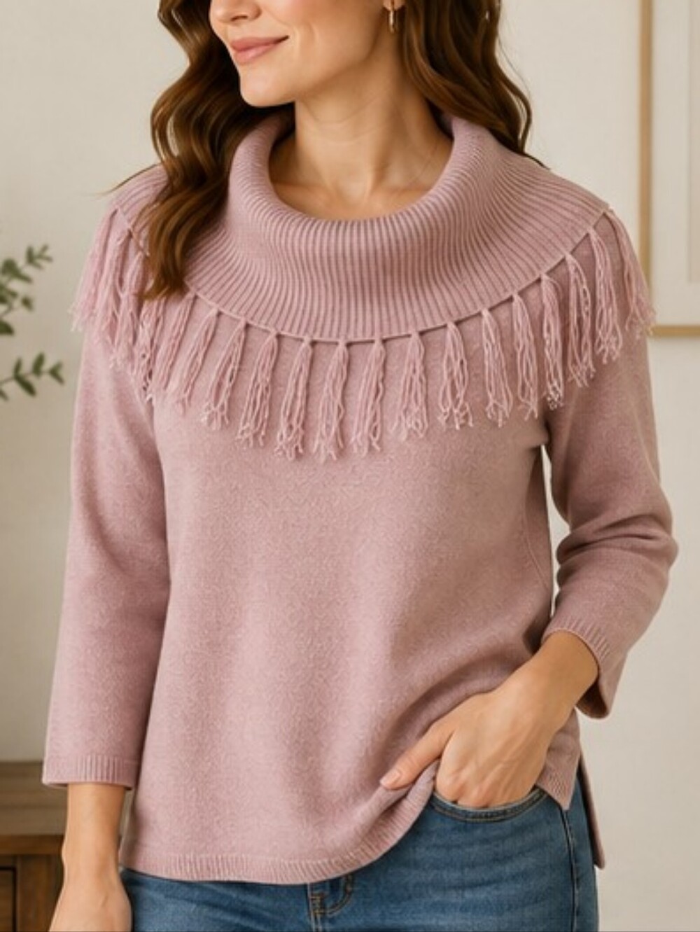 Dress Barn Cowl Neck Fringe Sweater Petite Medium NWT